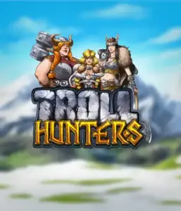 Графика слота "Troll Hunters" от Play'N Go, на котором представлены три воина-викинга: две женщины и один мужчина, одетые в традиционные броню викингов. За их спинами виднеются горные вершины, что создаёт атмосферу скандинавской мифологии. Этот слот идеален для любителей викингских саг и эпических приключений.